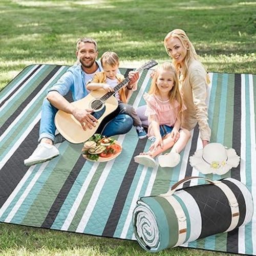 Picnic Blankets Outdoor Extra Large - 80"x80" Waterproof Beach Blanket, Machine Washable 3-Layer Foldable Park Mat with Sandproof Backing for Grass, Hiking, Travel, Concerts, Indoor (OliveStrip)