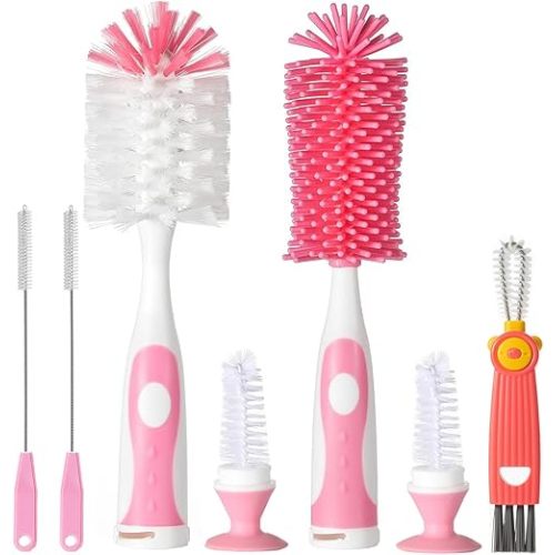 5 in 1 Bottle Cleaner Brush Set with Nylon and Silicone Bottle Brush, Straw Brush, Bottle Brush with Nipple Cleaner and Suction Cup, Cup Lid Cleaner Brushes Kit, BPA-Free (Pink)