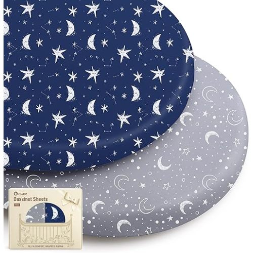 Bassinet Sheets for Baby Boys Girls, 2 Pack Fitted Bassinet Sheet Set, Soft Breathable Bassinet Cover Universal Fit for Oval Rectangle Round Hourglass Mattress, 31“x17”