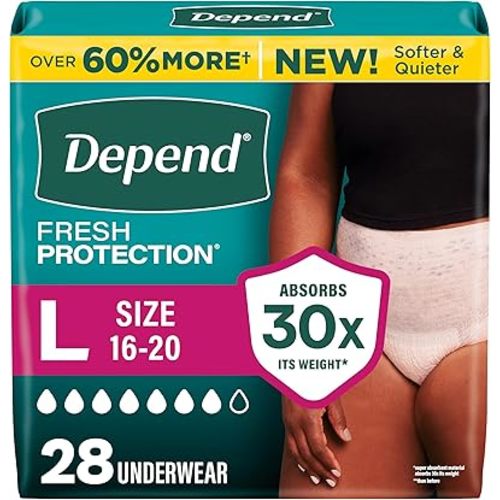 Depend Fresh Protection Adult Diapers, Incontinence & Postpartum Bladder Leak Underwear for Women, Disposable, Maximum, Large, Blush, 28 Count, Packaging May Vary