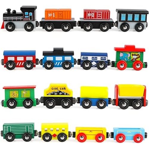Wondertoys Wooden Train Set 16 PCS Train Toys Magnetic Set Includes Storage Bag - Wooden Track Accessories - Wooden Magnetic Car Set for Toddlers Kids Boys and Girls
