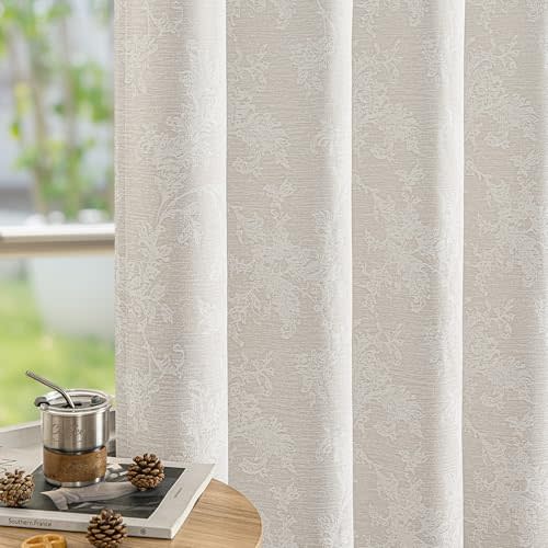 FMFUNCTEX Beige Floral Jacquard Blackout Curtains 96 Inches Long for Bedroom, Scroll Flower Chenille Farmhouse Curtains for Living Room Darkening Thermal Insulated Grommet Window Drapes 2 Panels