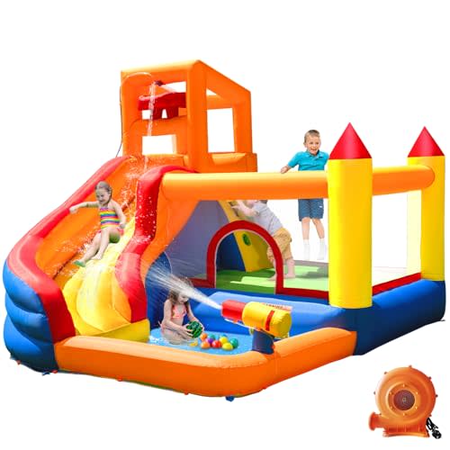 HuaKastro Inflatable Water Slide Bounce House for Kids with Pool, 5-in-1 Indoor/Outdoor Blow Up Play Center for Climbing, Sliding, Jumping & Splashing Fun, Blower Included