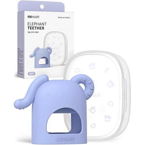 Moyuum Silicone Elephant Grip Hand Teether Toy | Made in Korea, Provides Teething Relief, Wearable Teether is Easy to Hold, Drop Resistant with Adjustable Wrist Strap, Babies 3+ Months, Blue