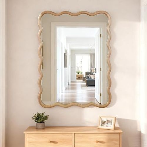CIATRE 30x40 Inch Wavy Rectangle Wall Mirror, Solid Wood Frame Decorative Mirror with Tempered Glass, Unique Boho Art Deco for Living Room, Bedroom, Bathroom, Entryway (Natural Wood)