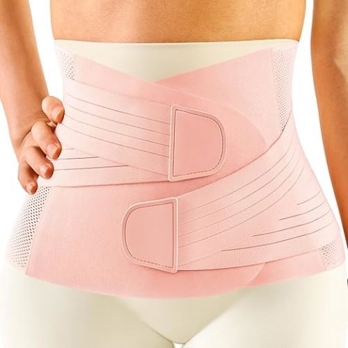 FREETOO Postpartum Belly Band Wrap for Women,Abdominal Binder Post Surgery,C Section Belly Binder Post Partum with Ergonomical Back Support,Stomach Binder Postpartum with Adjustable Compression,L,Pink