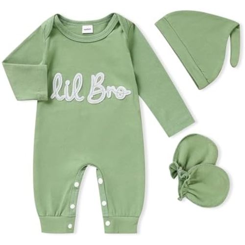 GRNSHTS Newborn Baby Boy Romper Coming Home Outfits Letter Print Bodysuit Jumpsuit+Hat+Gloves 3PCS Clothes Set