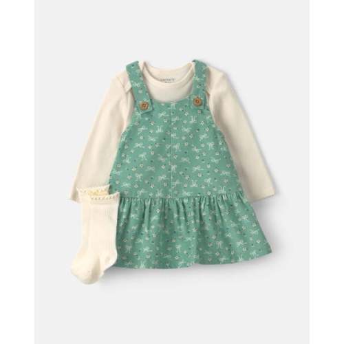 Baby Girl 3-Piece Bow Floral Corduroy Long-Sleeve Dress Set - Green/Cream | Carter's