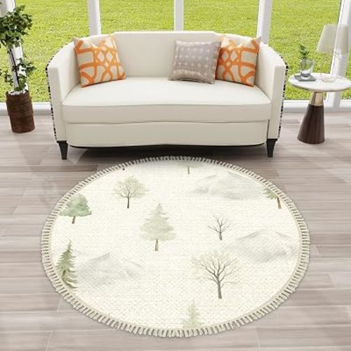 Round Boho Area Rug, 4ft Machine Washable Forest Nature Themes Nursery Rug Non Slip Rugs for Bedroom Kids Room Playroom Reading Corner Floor Mat Classroom Decor