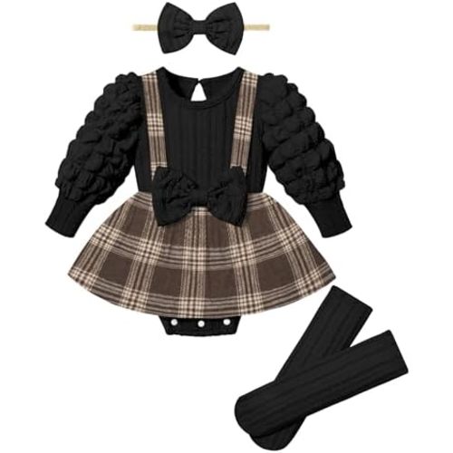 Queenstyle Baby Girl Clothes Dress Fall Winter Outfits Set Puff Sleeve Plaid Romper with Headband Stockings