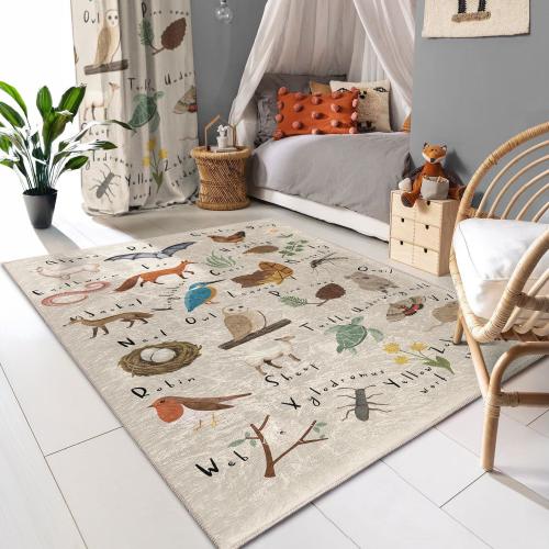 Woodland Animal Learning Rug - Alphabet Forest Design Mat - Nursery Area Carpet - Kids Room Accent -Rustic Nature Inspired-Washable Play Mat