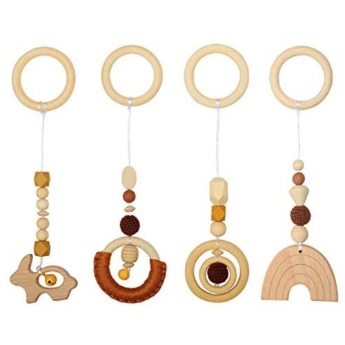 Wooden Hanging Toys Baby Play Gym Activity Set & Rainbow Pendant Infant Sensory Toys for Playing Gyms Activity 4 Sets of Hanging Play Gym Toys Newborn Gifts