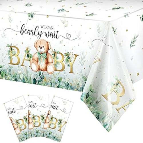 Tegeme 3 Pack Bear Baby Shower Tablecloth Plastic Bear Table Cover We Can Bearly Wait Tablecloth for Kids Birthday Party and Gender Reveal Decorations, 54 x 108 Inch (Green)