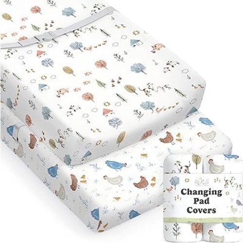 Baby Changing Pad Cover 2-Pack for Boys, Girls (Farm Animals) - Premium Fitted Sheets Baby Diaper Changing Table Cover - Buttery Soft Cotton Blend