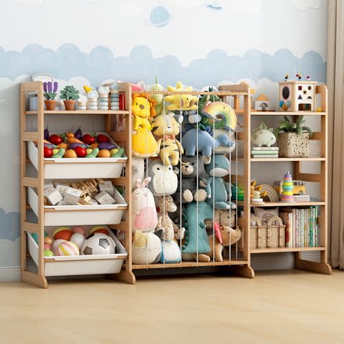Pipleo 3-in-1 Toy Storage Organizer with Stuffed Animal Storage, 5 Solid Pine Kids Bookshelf and Toy Shelf, 3 Removable Bins, Anti-Dumping Design, Stuffed Animal Zoo for Kids Room, Playroom, Nursery