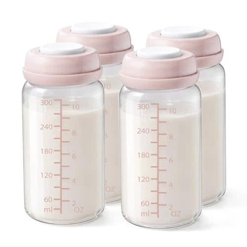 4PCS Breastmilk Storage Bottle for Momcozy 22oz Breast Milk Cooler, Wide Neck Breastmilk Collection Compatible with Spectra S1/S2/9 Plus/SG/Motif Luna, Certain Philips Avent Nipples, 10oz/300ml, Pink