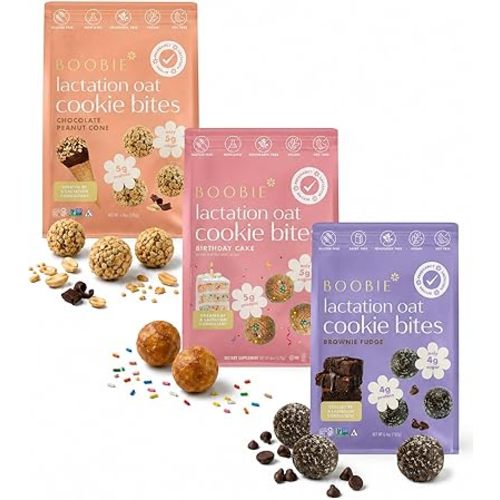 Boobie Lactation Cookies, Birthday Cake + Chocolate Peanut Cone + Brownie Fudge Variety Pack | New Formula | Gluten-Free, Dairy-Free, Soy-Free Plant-Based Protein + Prebiotics | 7 Servings per pack, 3 Packs