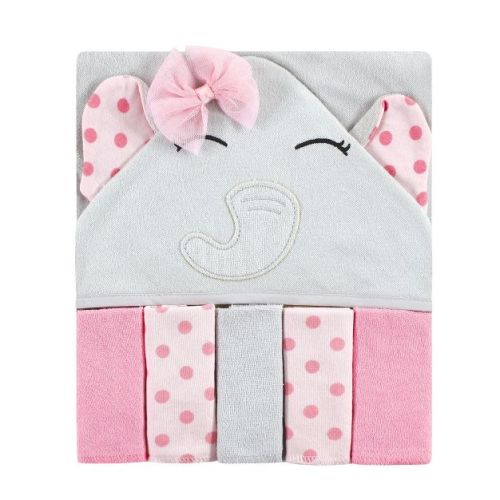 Hudson Baby Infant Girls Hooded Towel and Five Washcloths, Pink Dots Pretty Elephant, One Size