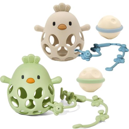 Baby Teething Toy, Silicone Hollow Chicken Teething Toys, Soft Baby Chew Toys for Sucking Needs, Bells can be Installed, Suitable for Babies of Any Age(Green+Beige)