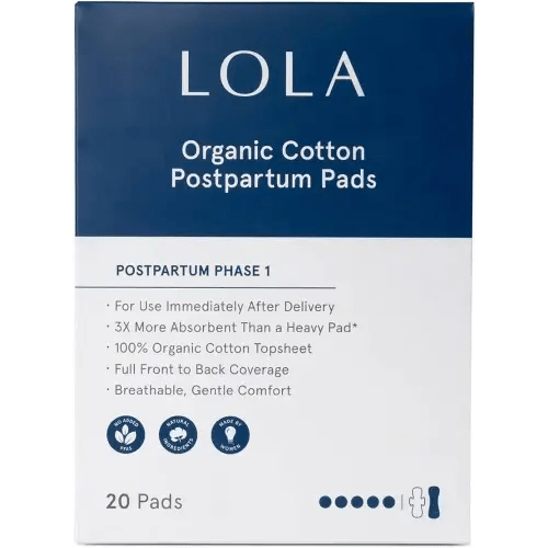 LOLA Organic Cotton Postpartum Pads - 20 Count, Ultra Absorbent and Extra Long Pads, Overnight and Full Coverage, Adult Incontinence Pad for Women, Postpartum Essentials