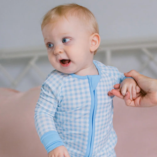Light Blue Gingham Premium Zipper Romper – Poppy Kids Co