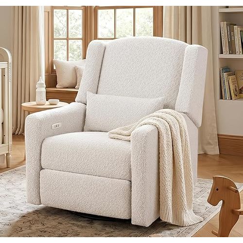 Madaha Power Recliner Chair Swivel Gilder Rocking Chairs Skin-Friendly Power Recliner Nursery Chair for Adults with Waist Pillow, USB Charging (Beige, Only Recliner Chair)