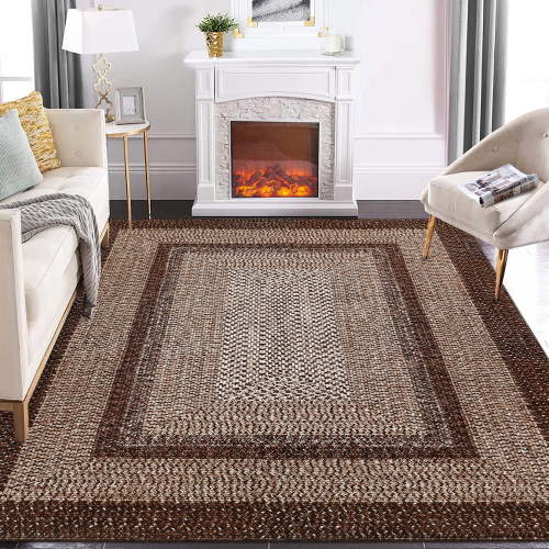 ZACOO 9x12 Modern Imitation Braided Print Pattern Large Area Rug Low Pile Neutral Soft Nursery Rug Non Slip Farmhouse Floor Cover, Brown