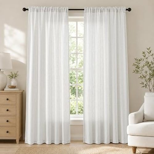 White Semi Sheer Light Filtering Linen Curtains 84 Inches for Living Room
