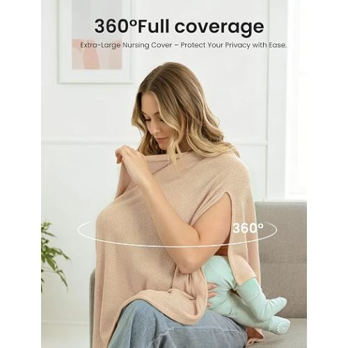 PATPAT Mesh Nursing Cover, Breathable Solid Knit Poncho, Beige
