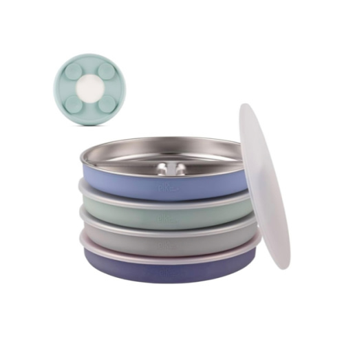 Elk and Friends Stainless Steel Divided Plates with Silicone Sleeve for Babies & Toddlers | Lids Included | Stay Put Suction | Dinner & Snack Plates | 4 Pack