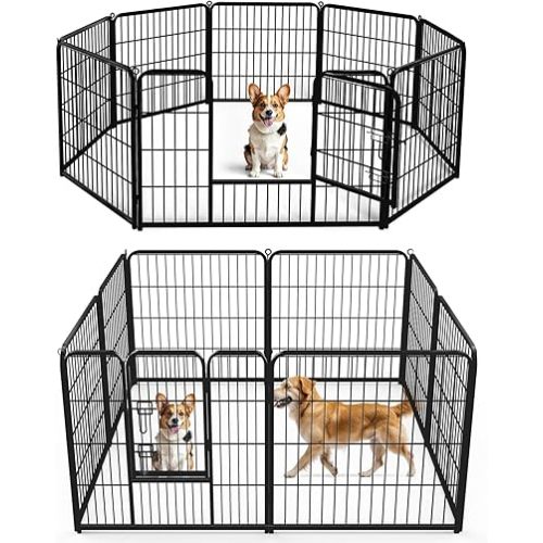 DUMOS Dog Playpen Indoor, Metal 32 Inch 8 Panels Foldable Pet Fence with Door, Outdoor Small Medium Large Dog Puppy Portable Exercise Play Pen for RV Camping, Trips, Play Yard