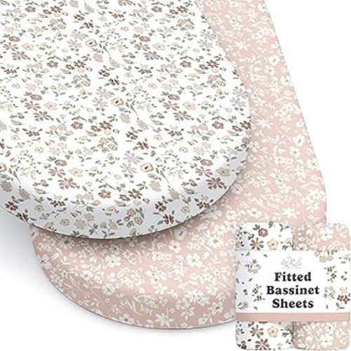 Baby Bassinet Sheets Girl (Fleurette) 2-Pack - Fitted Bedside Bassinet Sheets - Buttery Soft Cotton Blend for Standard Mattress Pad - Compatible with Halo BassiNest