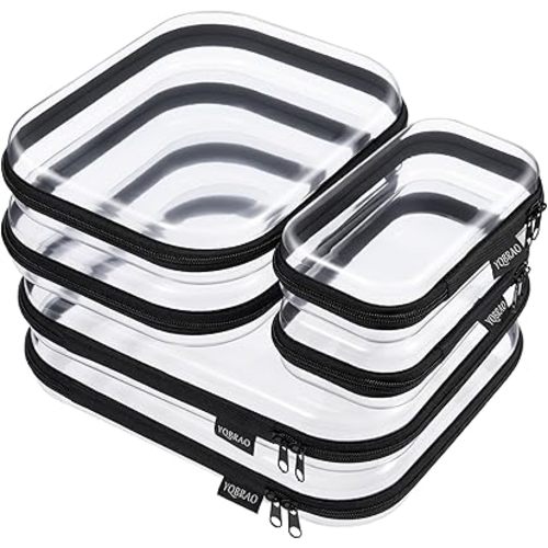 6 Pack Clear Hard Shell Zipper Case, See-Through Hard Plastic Organizer Pouches with Zipper for Travel, Toiletries, Makeup, Electronics & Pencils - Crush-Resistant Storage (Black)