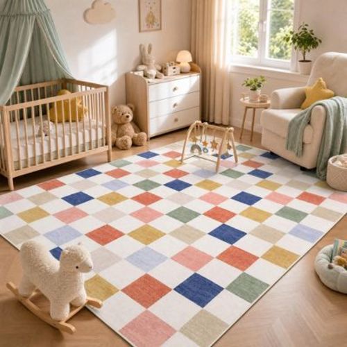 Colorful 8'x10' Checkered Rugs for Living Room Bedroom, Washable Modern Geometric Rug, Low Pile Non-Slip Accent Carpet for Dining Room Home Office