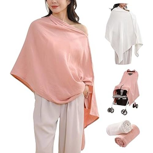 2-Pack Nursing Covers for Breastfeeding, 100% Organic Cotton Muslin Breastfeeding Cover, Multi-Use Nursing Scarf, Car Seat Canopy, Stroller Cover, Soft Breathable Baby Blanket Pink