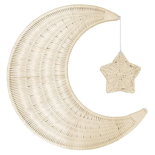 lotoo Rattan Moon Wall Decor, Boho Art Moon with Stars Decor for Boy, Baby Room, Home
