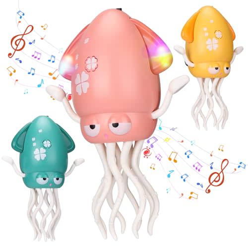 Magic Electric Dancing Octopus Toy with Led Light and Music,Playful Automatic Evasion Crawling Dancing Octopus with Fishing Rod,Smart Tentacle Explorer Dancing Squid Toy Tummy Time Baby Toys,Pink