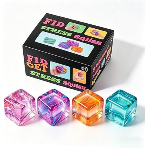 4Pack Fidget Toys Mini Squishy Stress Cube, Stress Balls for Kids, Adults Squishies Anxiety Stress Relief, Ice Squishy Cube Sugar Balls, Sensory Toys for Kids with Autism, Fidgets for Classroom Prize