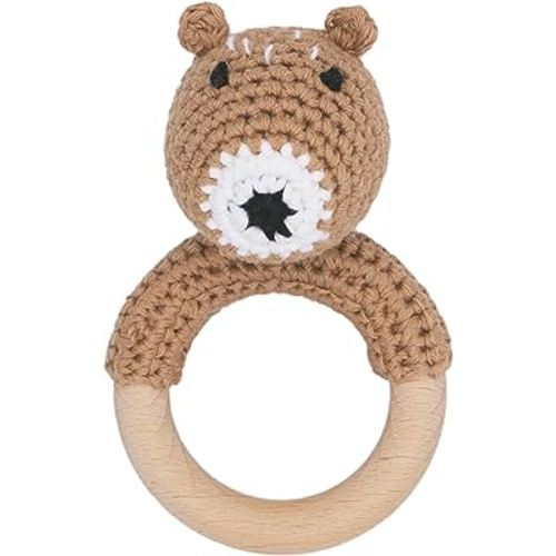 Joliecraft Woodland Friends Baby Rattle Shaker Toy with Wooden Teething Ring for Infants 3 6 9 12 Months Brown Bear