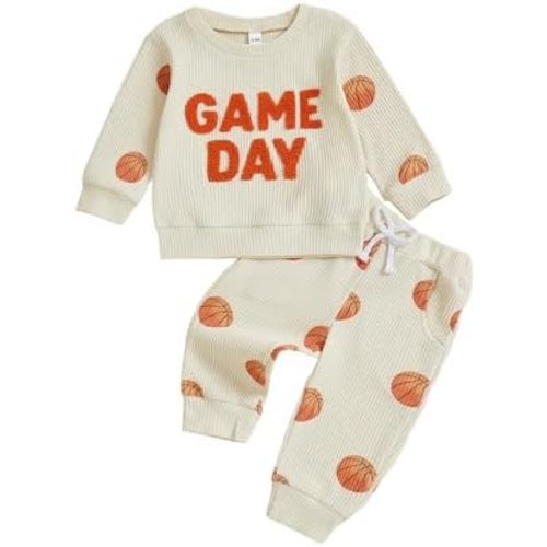 Kupretty Toddler Baby Boy Football Outfits Fall Winter Clothes Game Day Embroidery Crewneck Sweatshirt + Pants Waffle Set