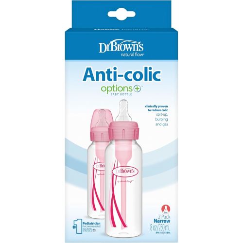 Dr. Brown's Natural Flow Anti-Colic Options+ Narrow Baby Bottles, 8oz/250mL, with Level 1 Slow Flow Nipples, 2-Pack, Pink, 0m+