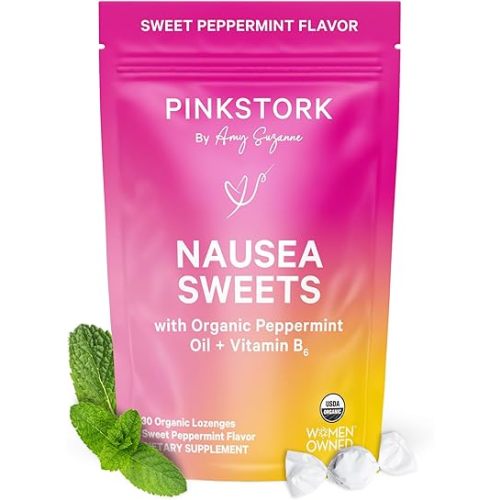 Pink Stork Organic Peppermint Sweets for Morning Sickness and Motion Sickness Support, Added Vitamin B6, 1st Trimester Pregnancy Must Haves - 30 Wrapped Peppermint Candies