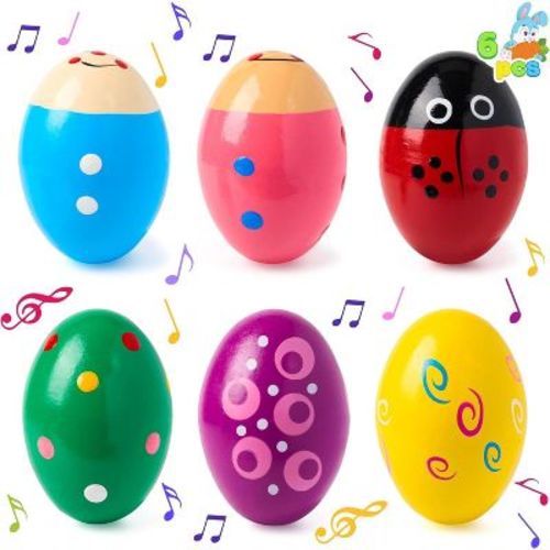 Joyfy 6 Pcs 2.7" Wooden Easter Eggs Shakers Musical Toys for Kids for Easter Gifts, Basket Stuffers, Easter Party Favors, Classroom Prize Supplies