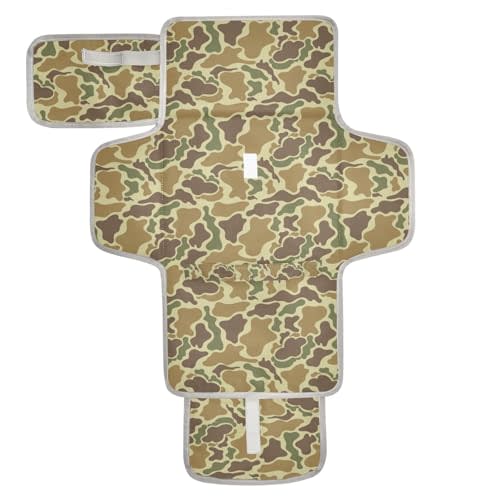 Camouflage Portable Diaper Changing Pad with Wipes Holder, Vintage Camo Green Foldable Baby Diaper Changer Travel Bag Retro Brown Army Baby Changing Mat with Built-in Pillow for Newborn