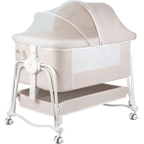 suihuooo 4 in 1 Baby Bassinet Bedside Sleeper, Rocking Baby Crib with Lockable Wheels, Storage, Mosquito Net and Matress Included, 7 Level Adjustable Bedside Bassinet for Baby Newborn(Cream)