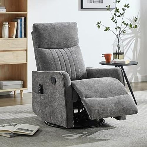 Swivel Rocker Recliner Chair, 360° Swivel Recliner with Heat and Massage, Rocker Recliner Nursery Glider Chair with Side Pockets for Living Room (Gray New, Fabric)
