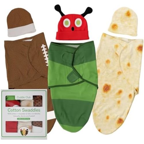 Cuddle Club Swaddles for Newborns - Baby Swaddle Blanket for Boys & Girls - Adjustable Hook-and-Loop Cotton Wrap for Newborn 0-3 & 3-6 Months with hat