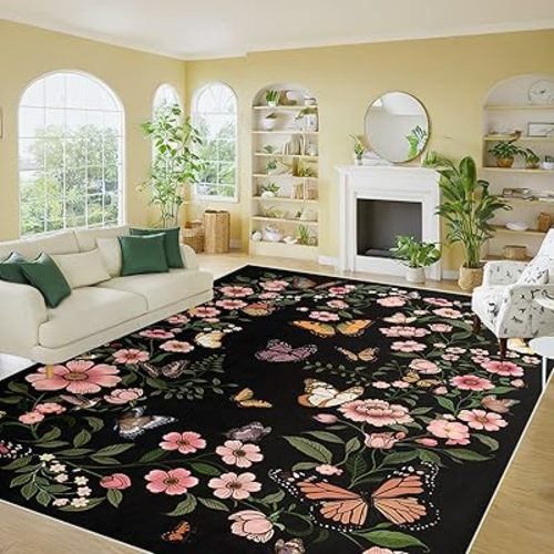 Floral Living Room Rug - 6x9 Washable Floral Butterfly Print Area Rugs for Living Room Soft Black Washable Rugs Ultra-Thin Indoor Door Mat
