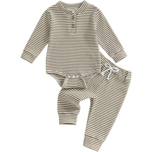 Newborn Baby Boy Girl Clothes Striped Waffle Knit Long Sleeve Romper Long Pants Set Infant 2Pcs Fall Winter Outfit