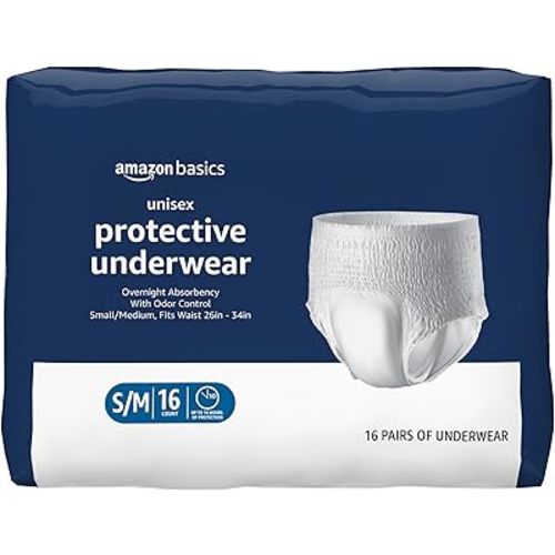 Amazon Basics Unisex Protective Underwear, Overnight Absorbency, Small/Medium, 16 Count